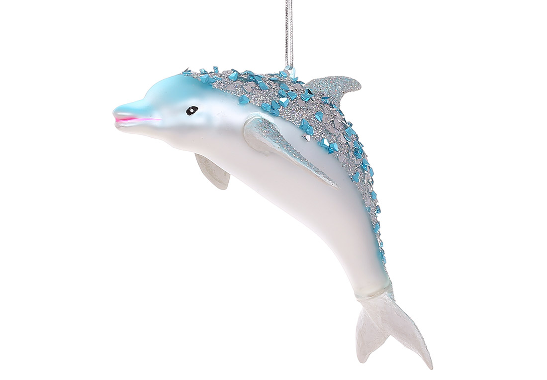 Ялинкова прикраса зі скла Дельфін з паєтками 14см, колір - блакитний NY29-487