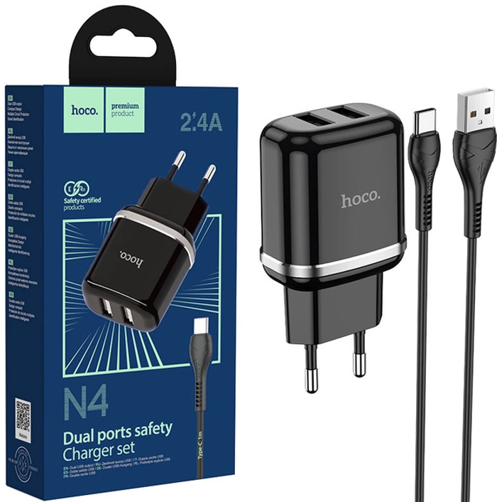 Мережевий зарядний пристрій Hoco N4 (2USB, 2.4A, Type-C)