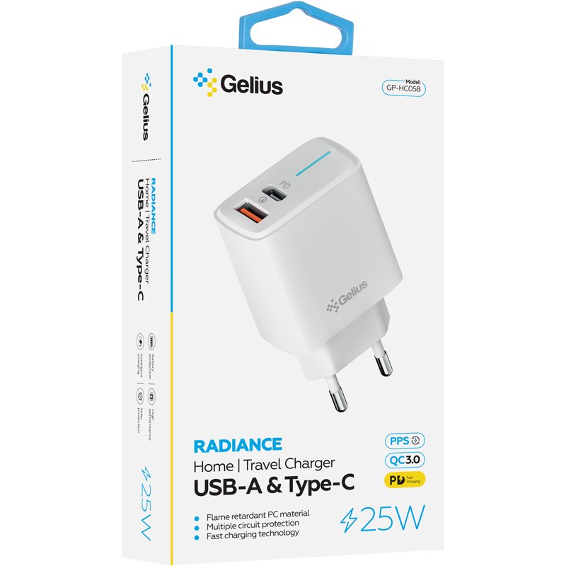 Мережевий зарядний пристрій Gelius Radiance GP-HC058 (1Type-C+ 1USB-A)(PD/QC3.0/PPS/Super VOOC) 25 W White
