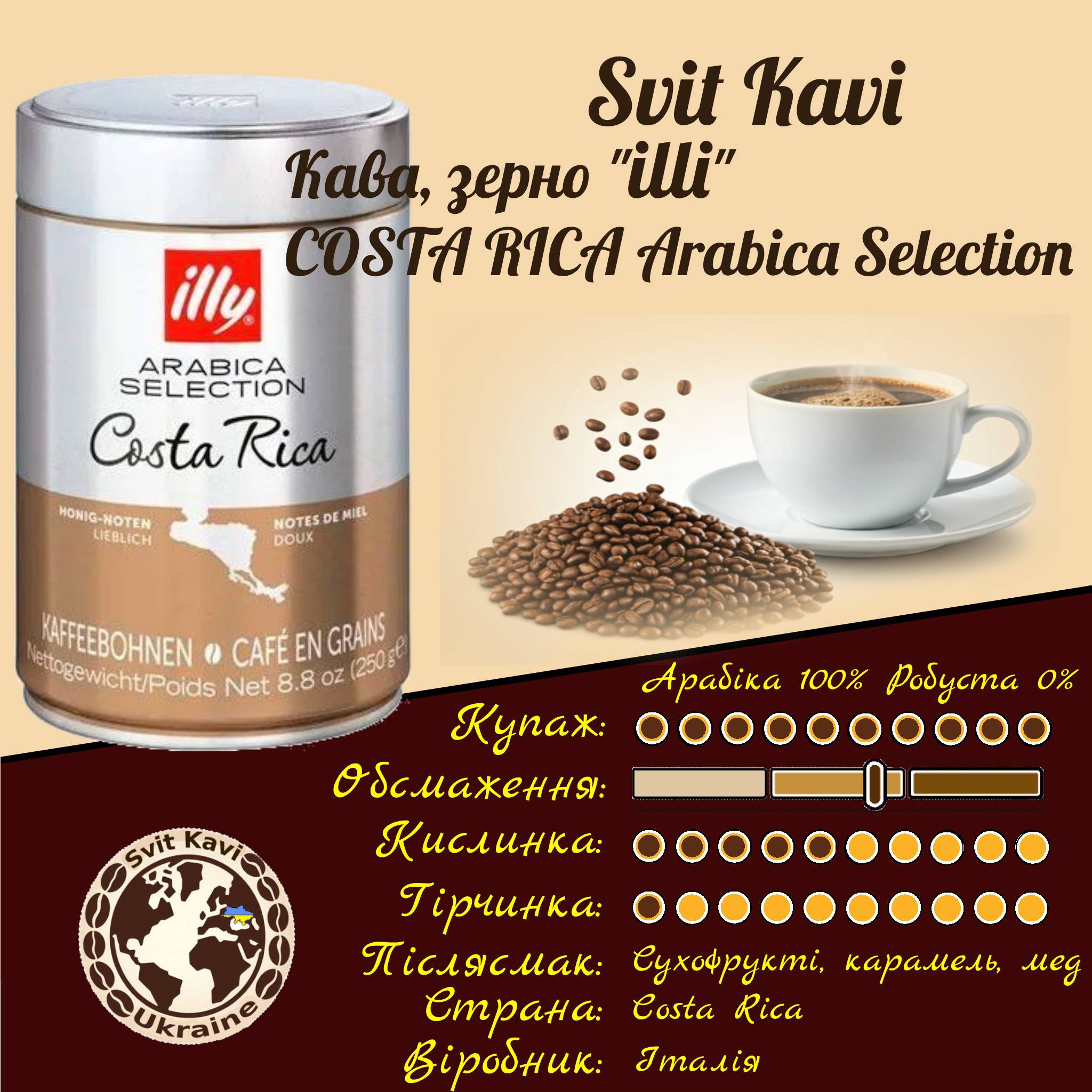 Кава в зернах illy COSTA RICA Selection Арабіка 100%+Робуста 0% банка 0,25кг. Італія