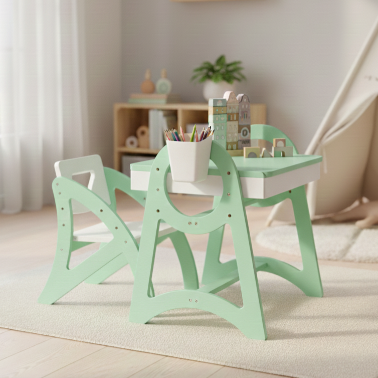 Дитячий столик і стільчик регульований по висоті деревяний дизайнерський з сенсорним коробом та грифельною дошкою Пелікан Зелено/білий