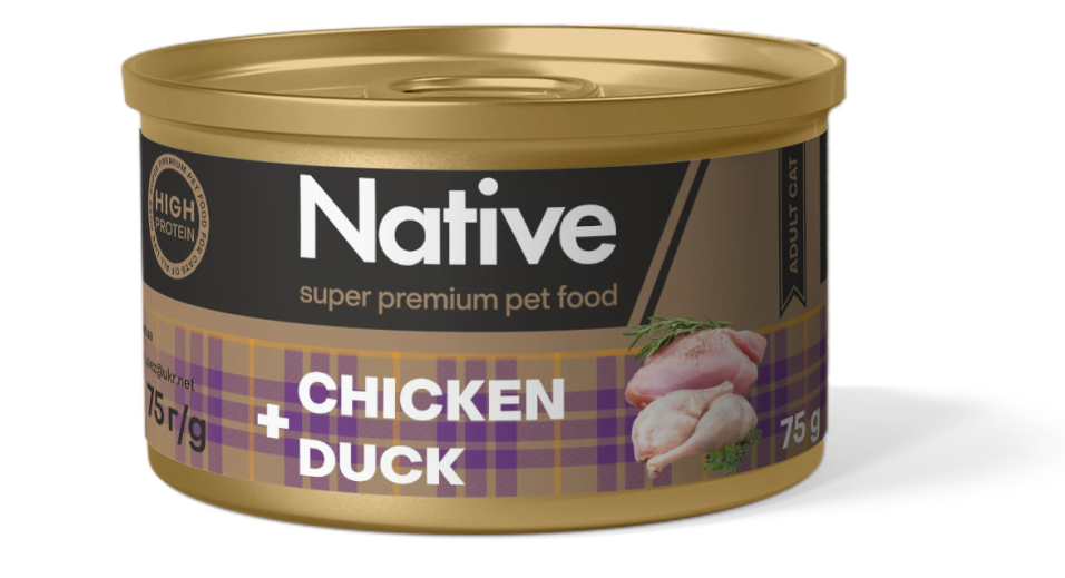 Native Chicken with Duck Adult Cat - натуральний консервований корм з куркою і качкою для котів, 75г