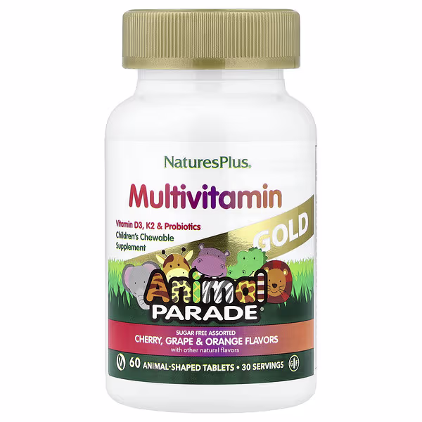 NaturesPlus, Animal Parade® Gold, Children's Chewable Multivitamin, Cherry, Grape & Orange, 60 Animal-Shaped Tablets