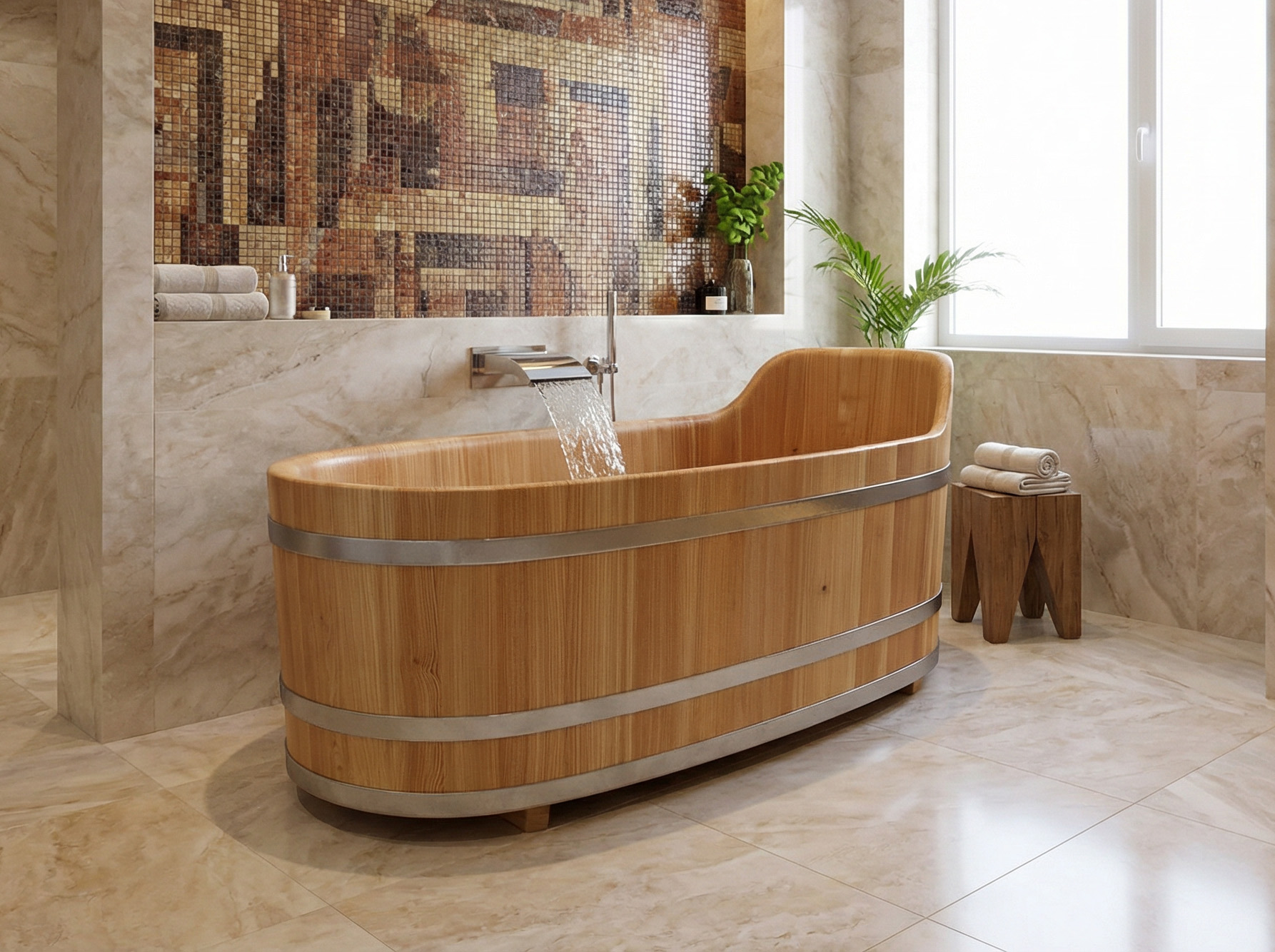 Dřevěná vana s opěradlem – Elegantní relaxace v přírodním dřevě 170 cm