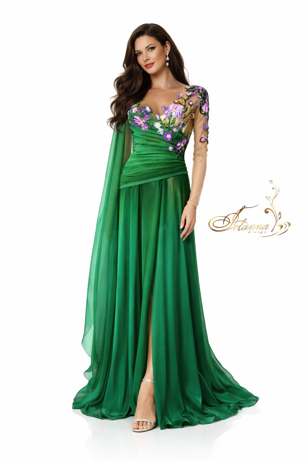 Enchanting Floral Embroidered Green Evening Gown