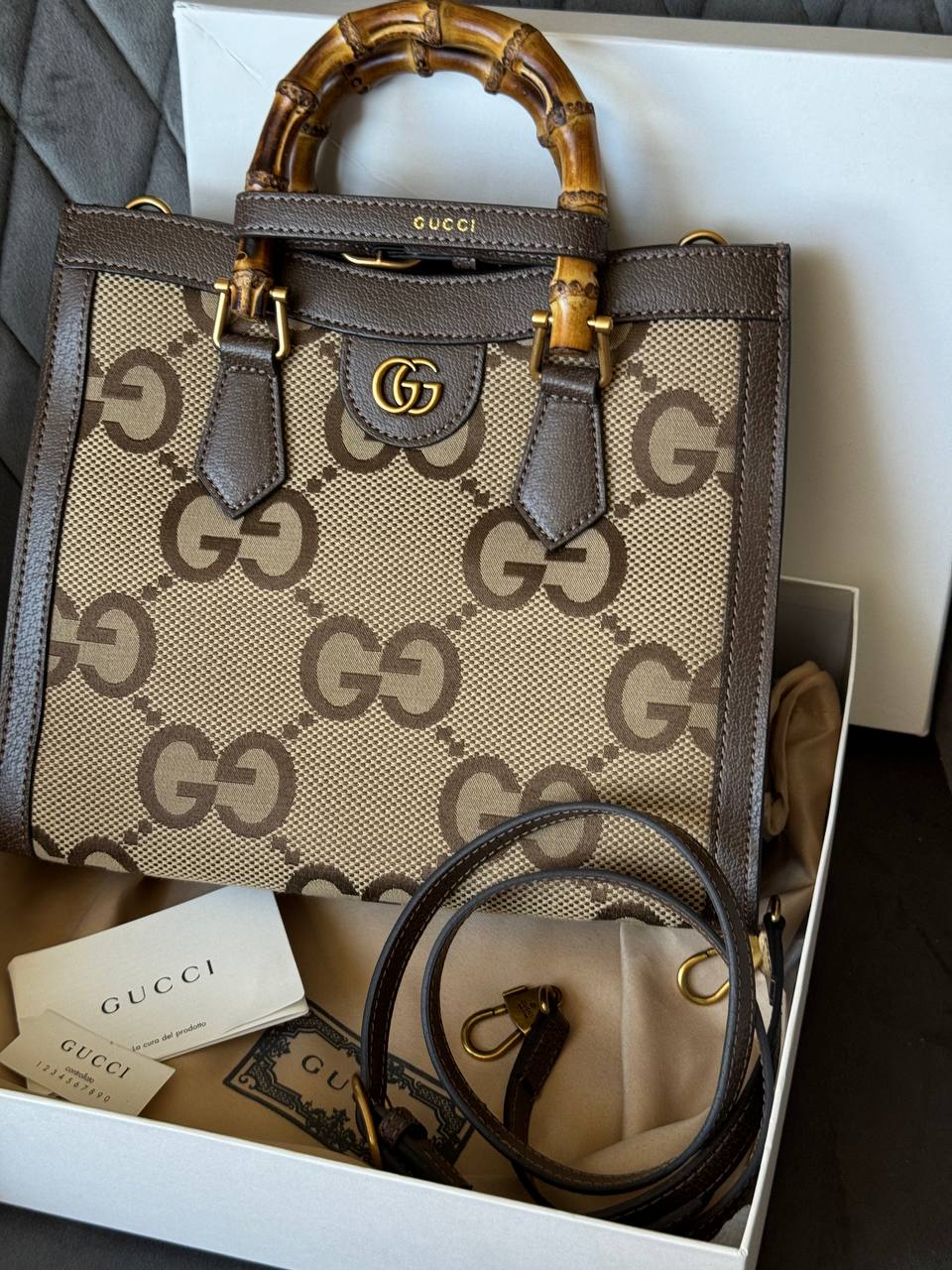 Gucci Diana Jumbo GG Medium Tote Bag Beige Gold Bag