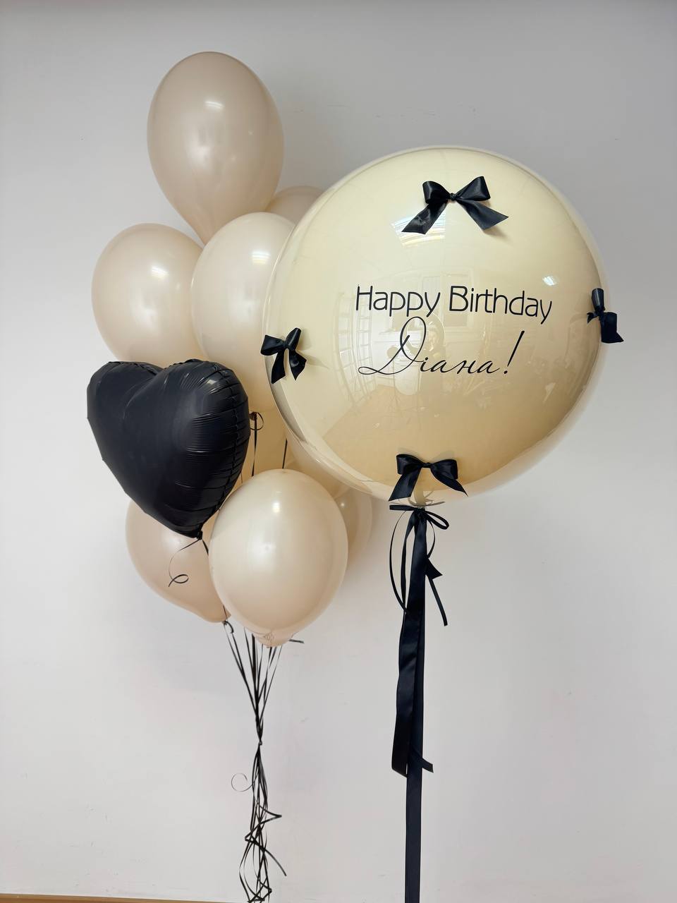 Набір кулька гігант в техніці дабл стаф з написом та бантиками + зв'язка кульок 10 шт