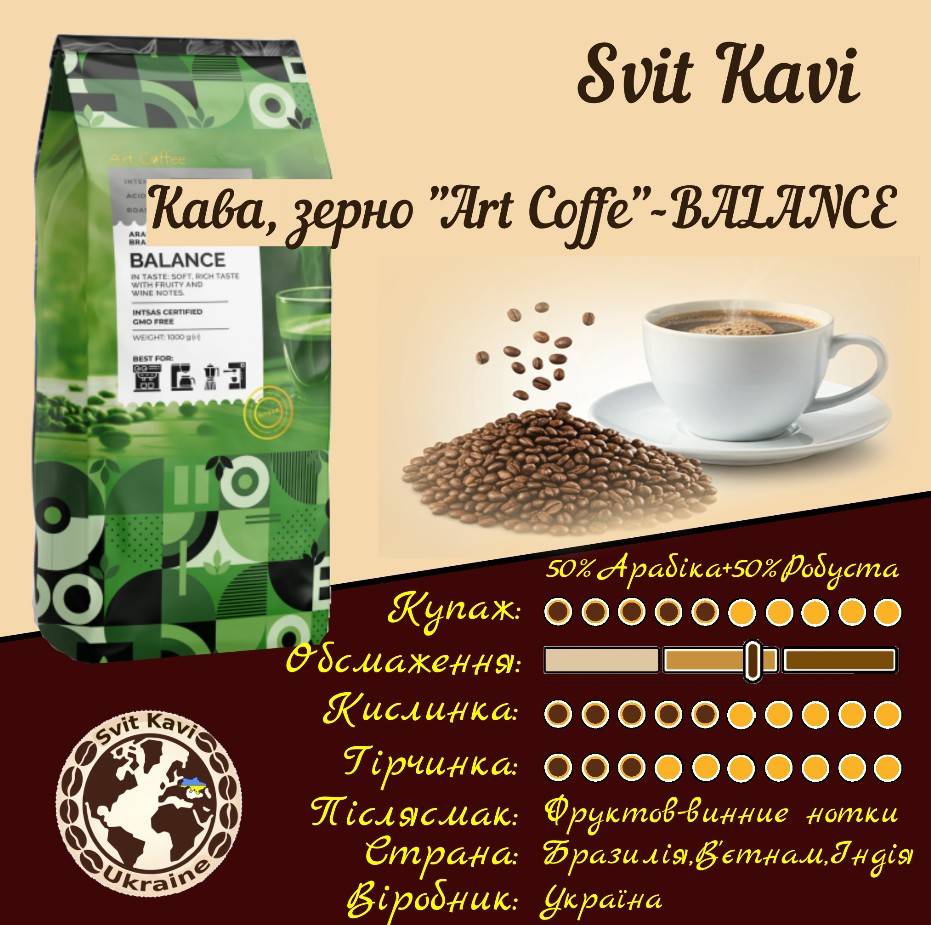 Зернова кава Art Coffee BALANCE 50% Arabica,50% Robusta, Україна, пачка 1кг