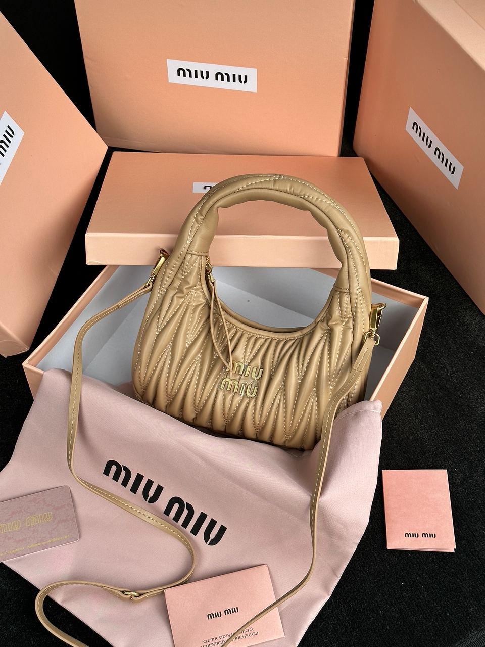 Miu Miu Wander Matelassé Nappa Leather Mini Hobo Bag Beige