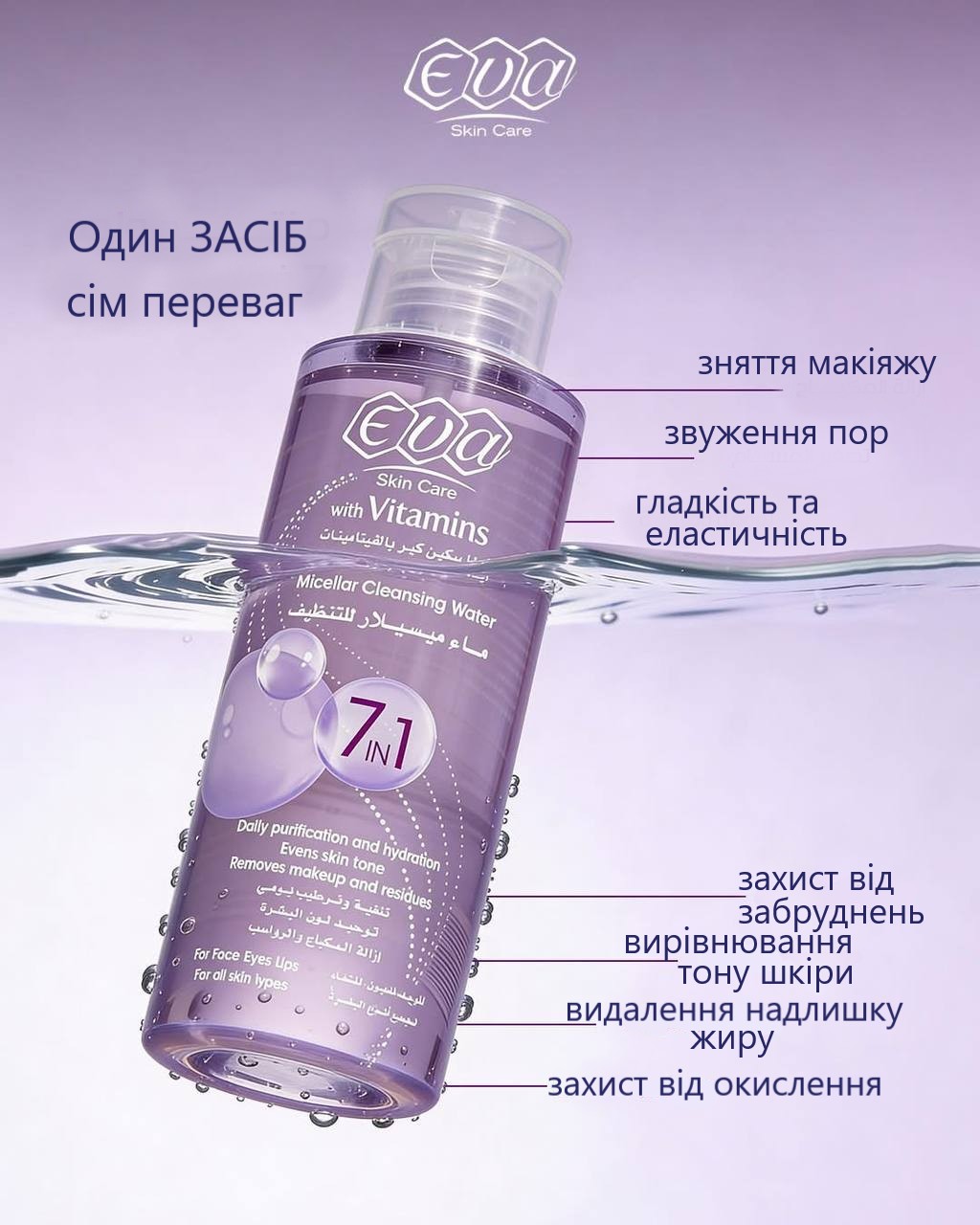 Eva Micellar Cleansing Water 7 In 1 Єва Міцелярна вода для очищення шкіри з вітамінами 7 в 1 