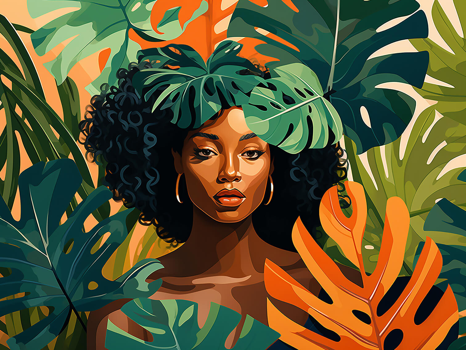 Woman in Monstera, 60x80 cm, original acrylic painting on canvas