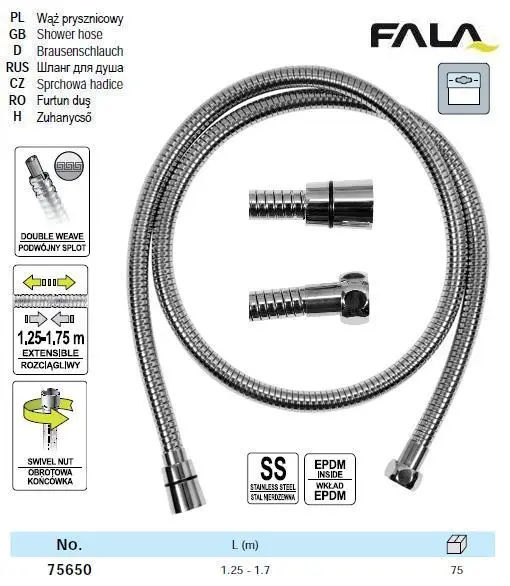 Шланг для душа розтяжний FALA Ø= 14 мм, з нержавіючою сталевою хромованою гофрою, G 1/2, l= 1,25-1,75 м