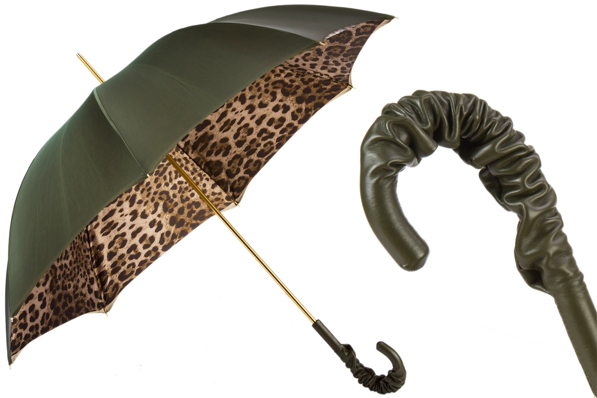 Парасолька Pasotti «Olive Leopard» — італійська ручна робота, шкіряна ручка