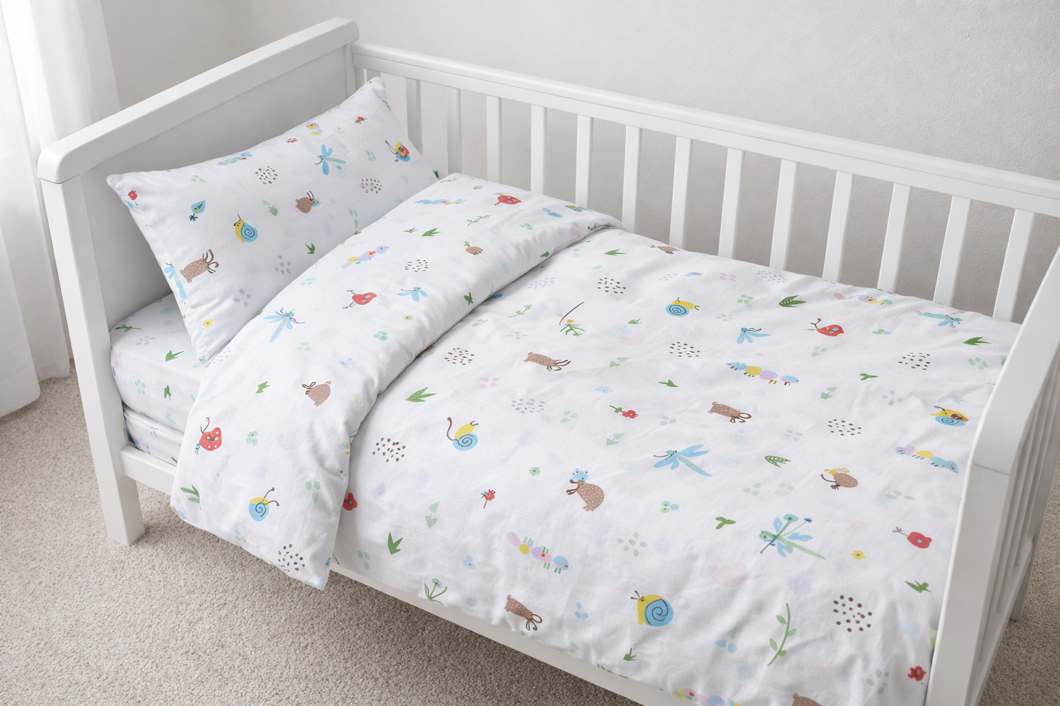Постільна білизна для немовлят ранфорс прінт  "Червоні метелики, комахи на білому"