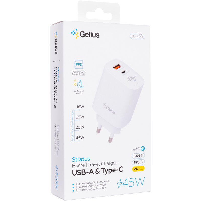 Мережевий зарядний пристрій Gelius Stratus GP-HC068 45W (1Type-C+1USB-A) White