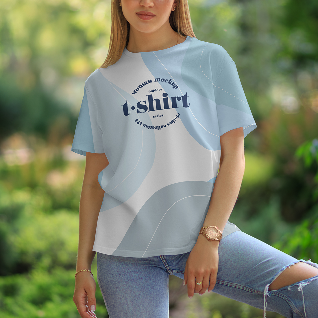 7 Mockups T-Shirt on a Girl Walking in the Outdoor. vol 06
