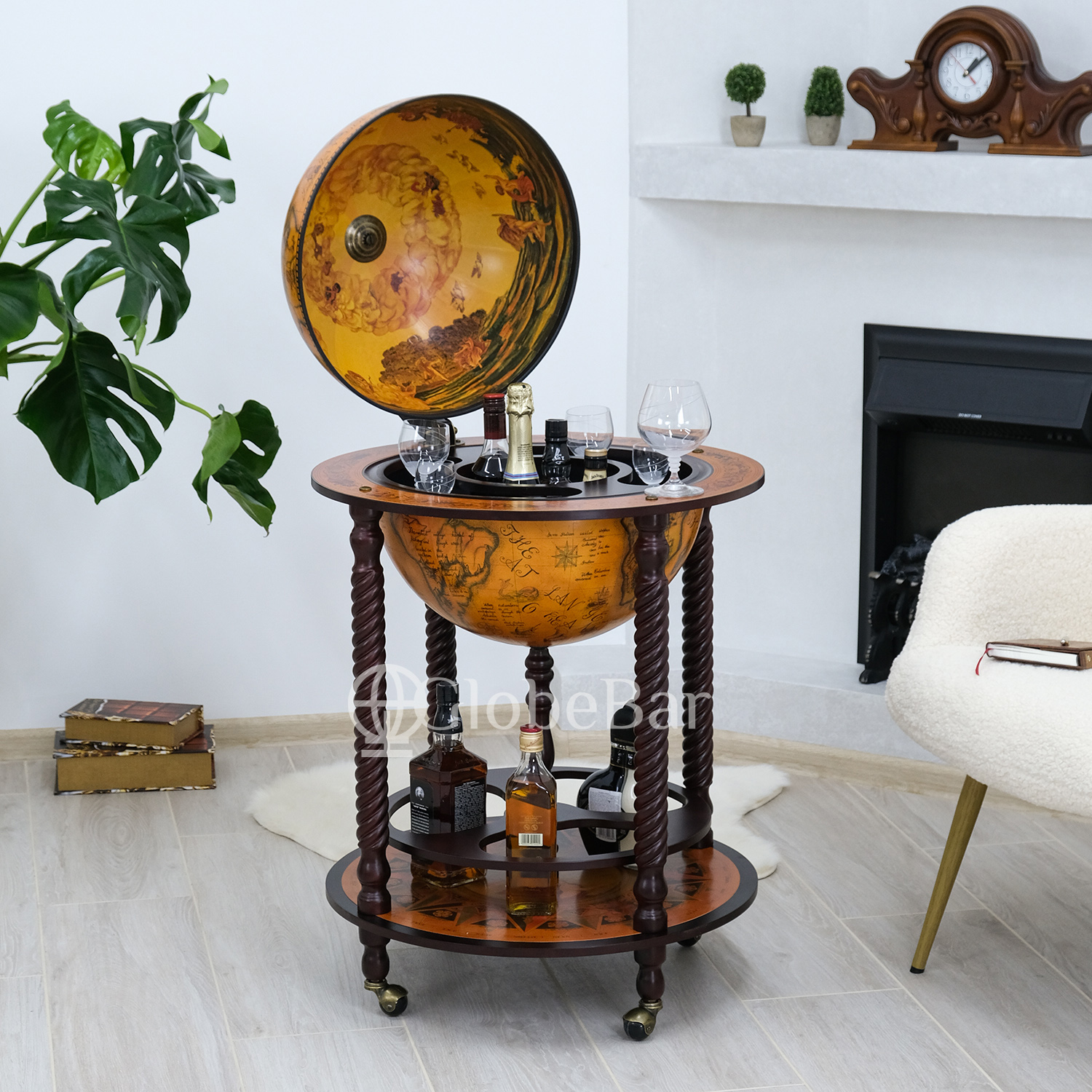Глобус бар напольный на 5-6 бутылок, диаметр 45 см, коричневый (60 х 60 х 102 см), 45043R