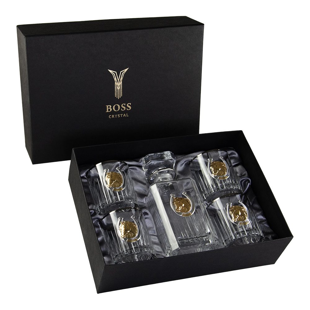 Набор для виски "ЗОЛОТОЙ КОНЬ 2026" - 4 хрустальных бокала и графин, платина, серебро, позолота, деловой подарок, GPB5HRS2XD