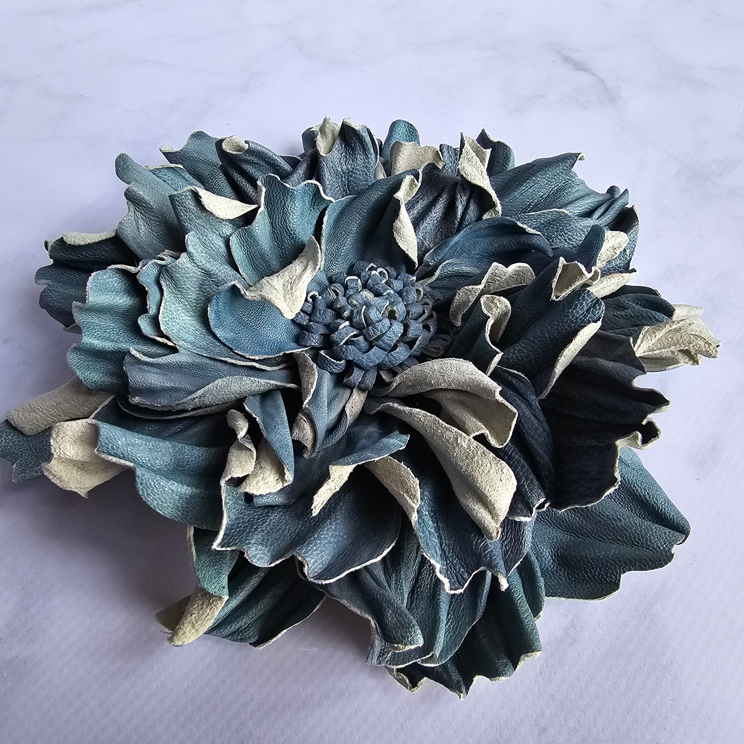 Flower brooch Blue leather