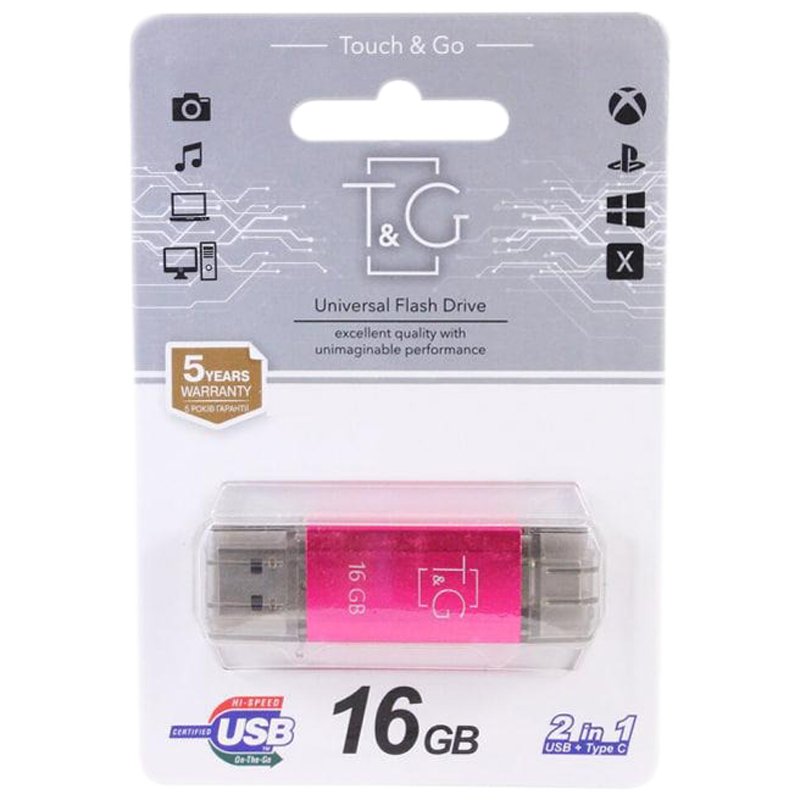 USB флеш накопичувач T&G Star 009 16Gb USB-A/Type-C Magenta