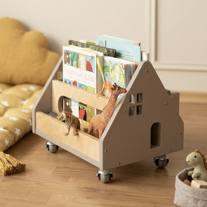 Дитяча поличка дизайнерська Монтессорі для книжок дерев'яна на коліщатках Котедж - Мокко/натуральний