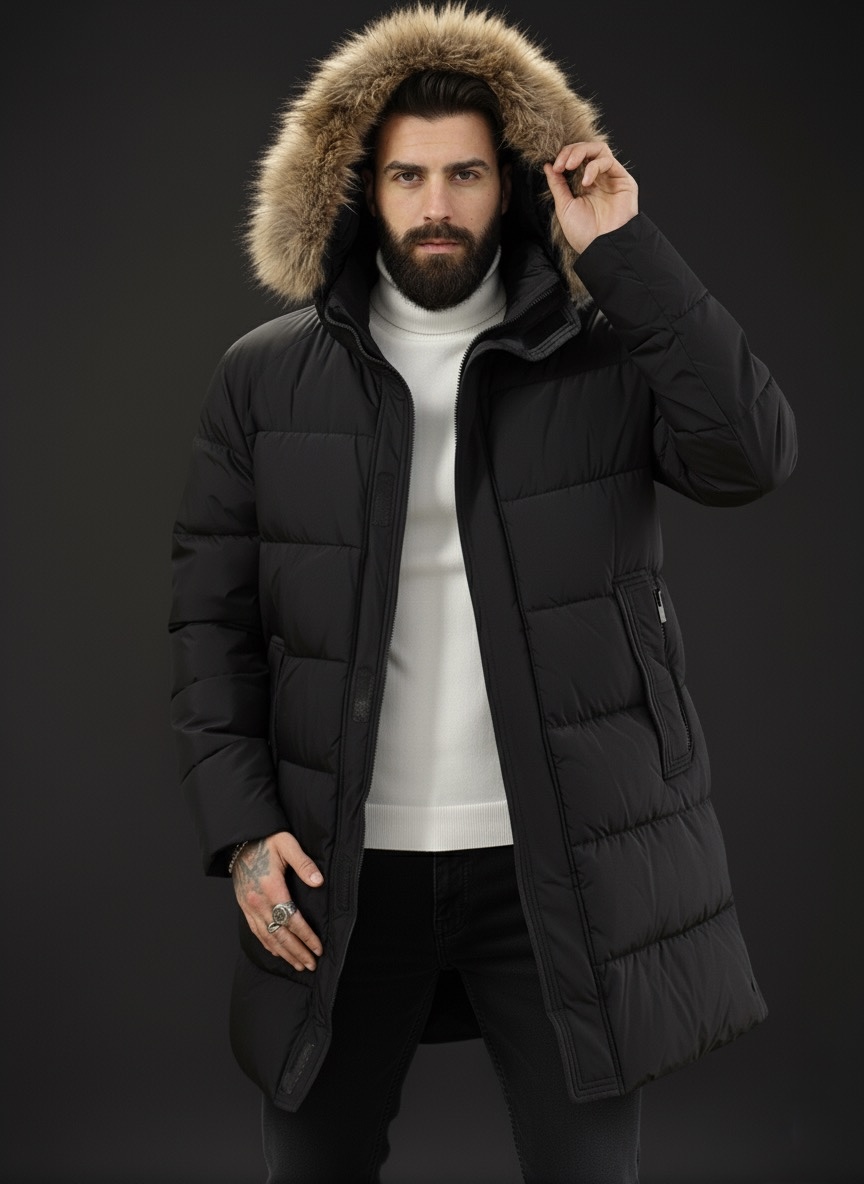 Подовжена чоловіча зимова куртка з натуральним хутром лисиці black