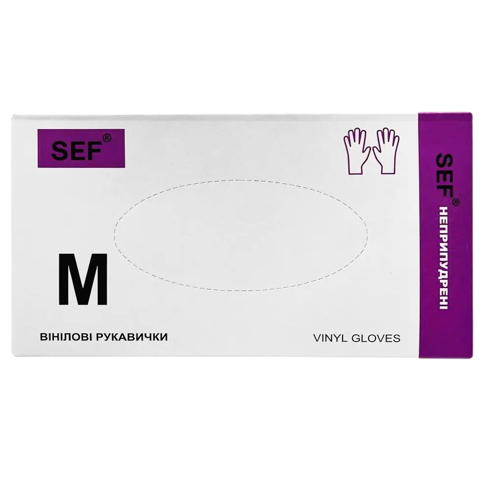 Вінілові рукавички оглядові SEF, розмір М, 100 шт (50 пар)