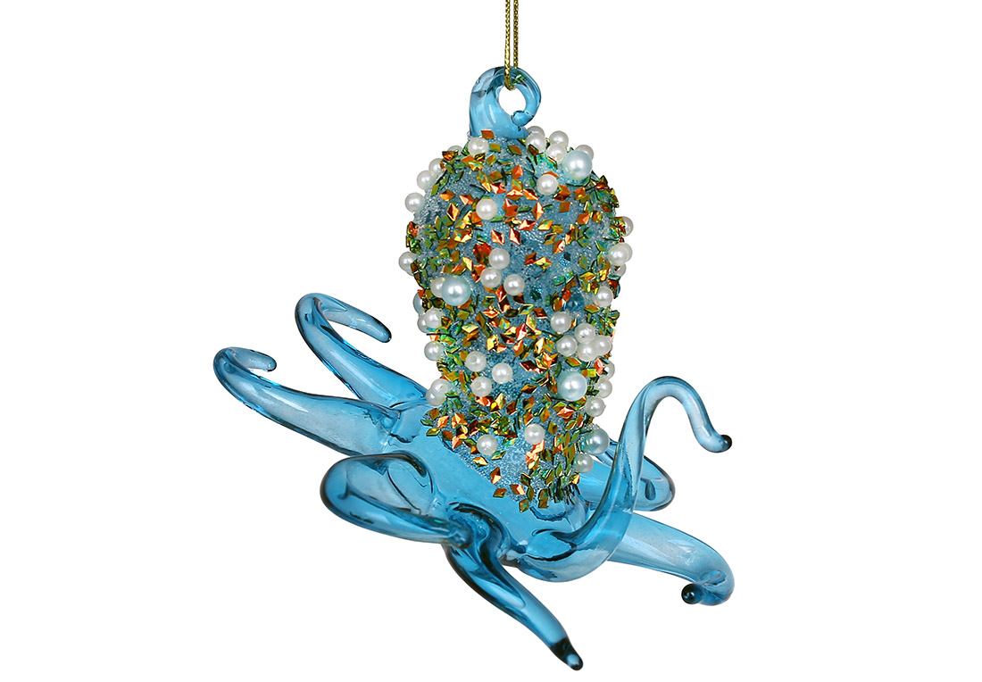 Ялинкова прикраса зі скла Восьминіг з бісером та паєтками 11см, колір - блакитний NY29-495