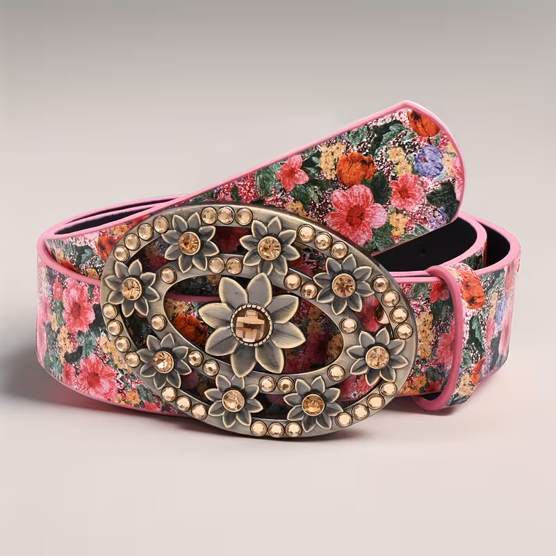 Women's Vintage Floral Belt - Floral Print with Pink, Metallic Floral Accent