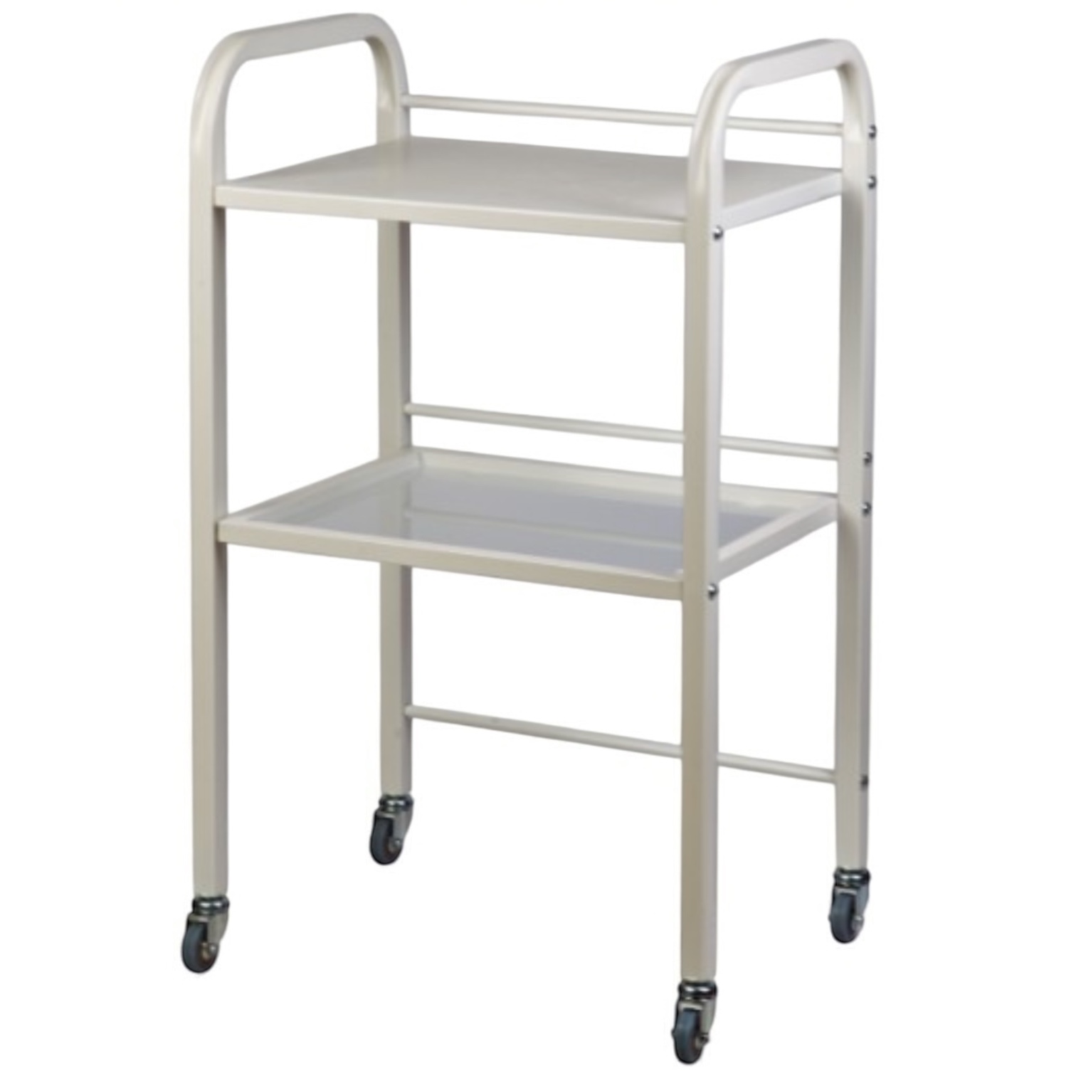 Столик маніпуляційній/інструментальний з двома полицями метал/скло, білий