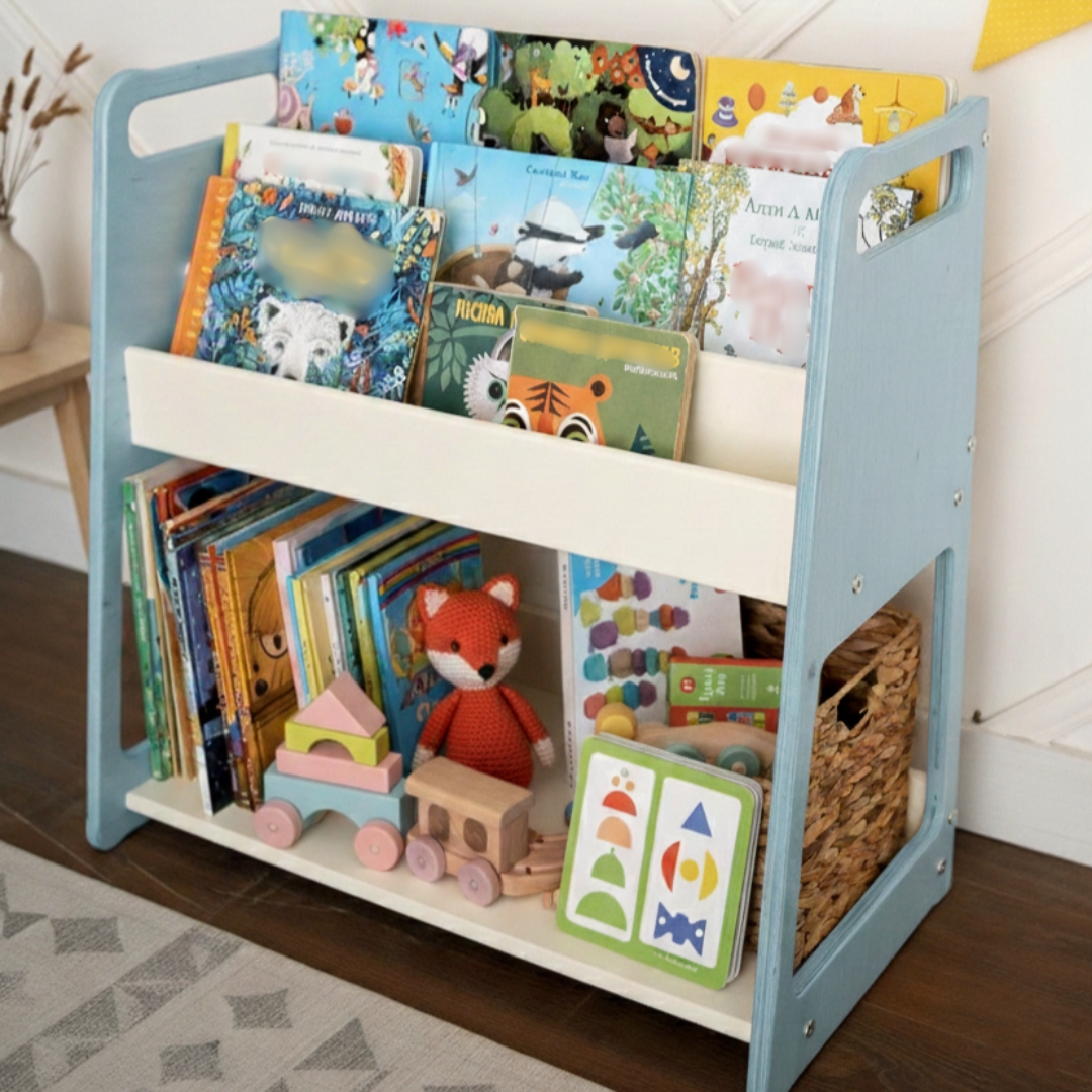 Дитячий стелаж дизайнерський Монтессорі для іграшок та книжок дерев'яний Кубі - блакитний/білий