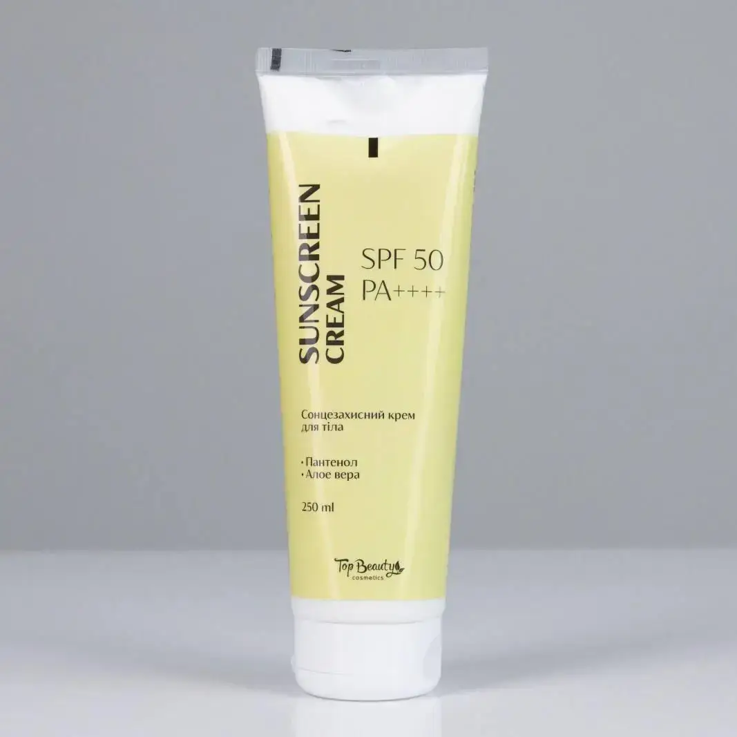 Крем для тіла сонцезахисний з алое вера та пантенолом SPF50 250 мл Top Beauty
