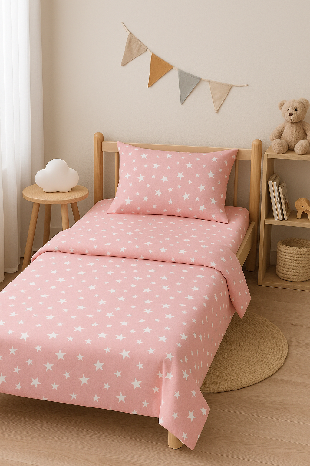 Дитяча постільна білизна ранфорс прінт  "Білі зірки на рожевому"