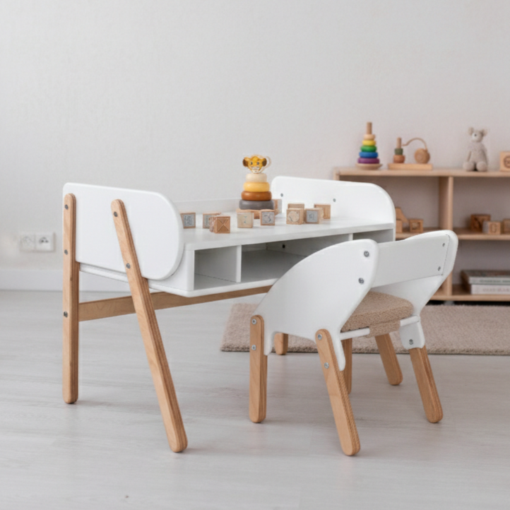 Дитячий столик і стільчик регульований по висоті деревяний дизайнерський Брунька білий