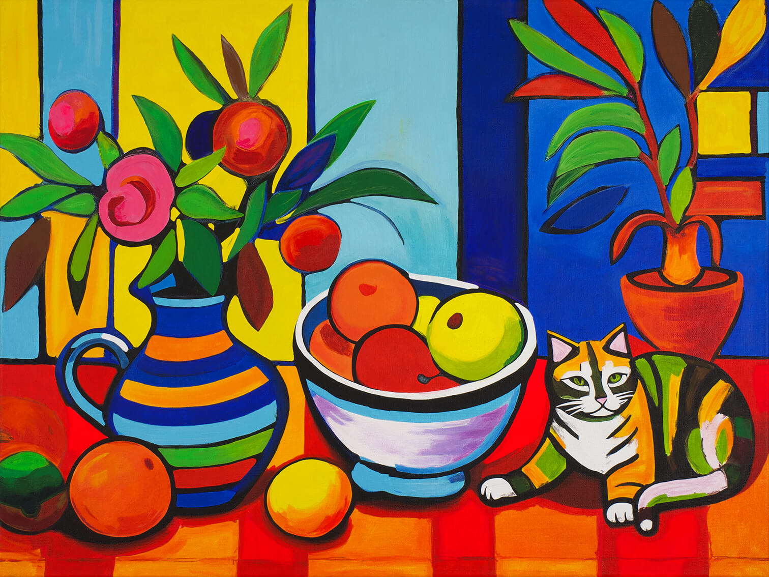 Still life with a cat, 60x80 cm, original acrylic painting on canvas