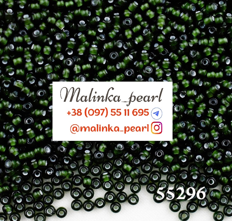 Бісер темно-зелений, прозорий з білим отвором