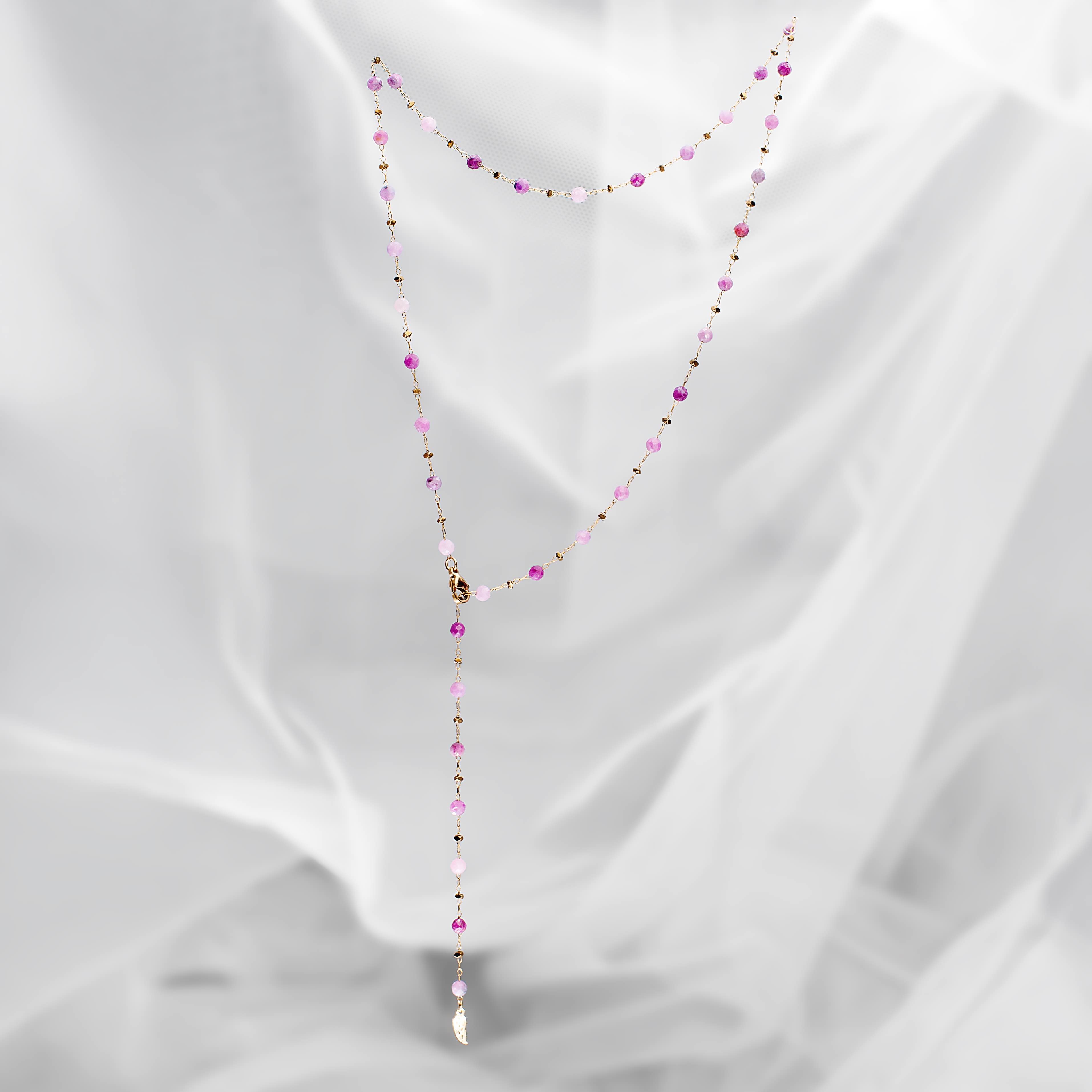 Long Pink Ruby Necklace on Stainless Steel Chain
