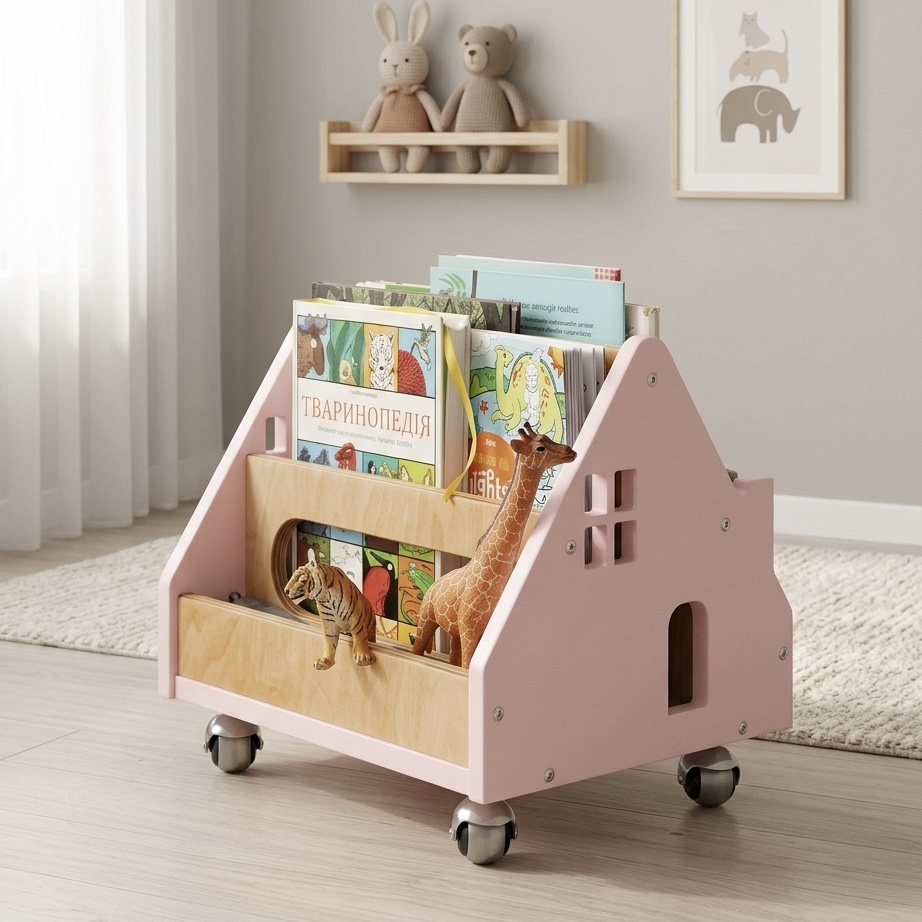 Дитяча поличка дизайнерська Монтессорі для книжок дерев'яна на коліщатках Котедж - Пудровий/натуральний