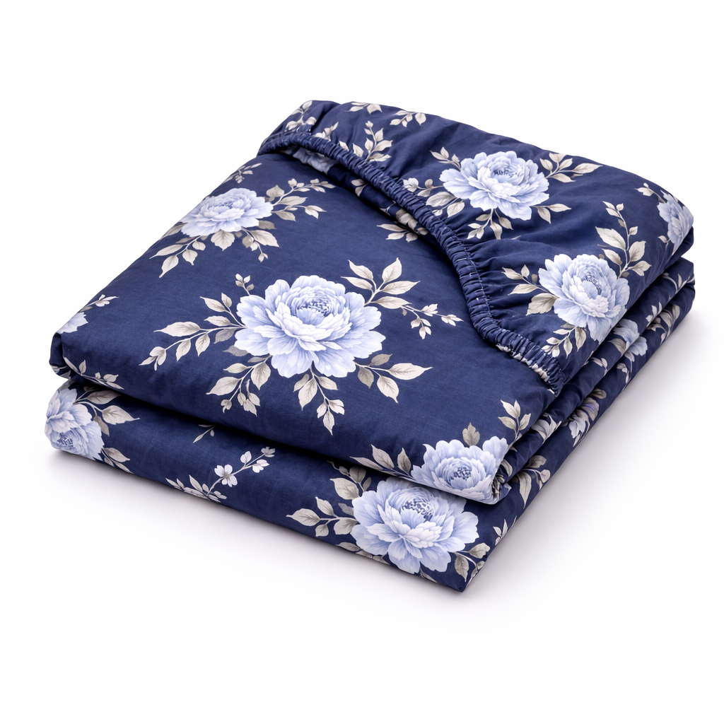 Простирадло на гумці ранфорс принт  "Блакитні квітки на синьому"