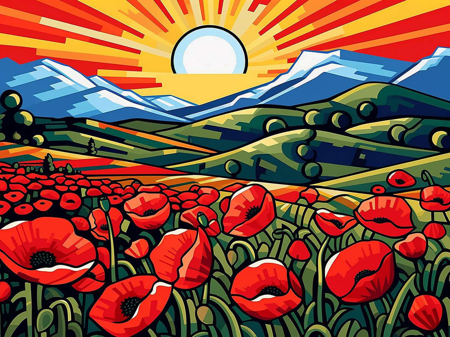 Mountains and poppies, 60x80 cm, original acrylic painting on canvas