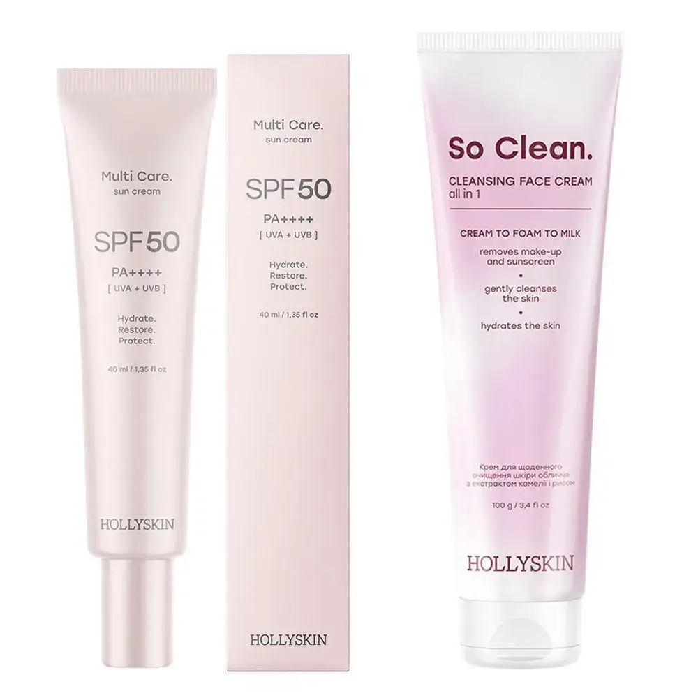 Сонцезахисний крем для обличчя HOLLYSKIN Multi Care SPF50 + Крем очищення обличчя So Clean з екстрактом камелії
