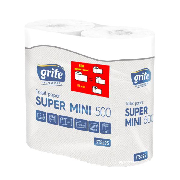 Туалетний папір ОПТОМ Grite Super Mini 500, 2-шаровий, 100% Cel, 500 відривів, 96х110 мм, 55 м, 4 рул/уп
