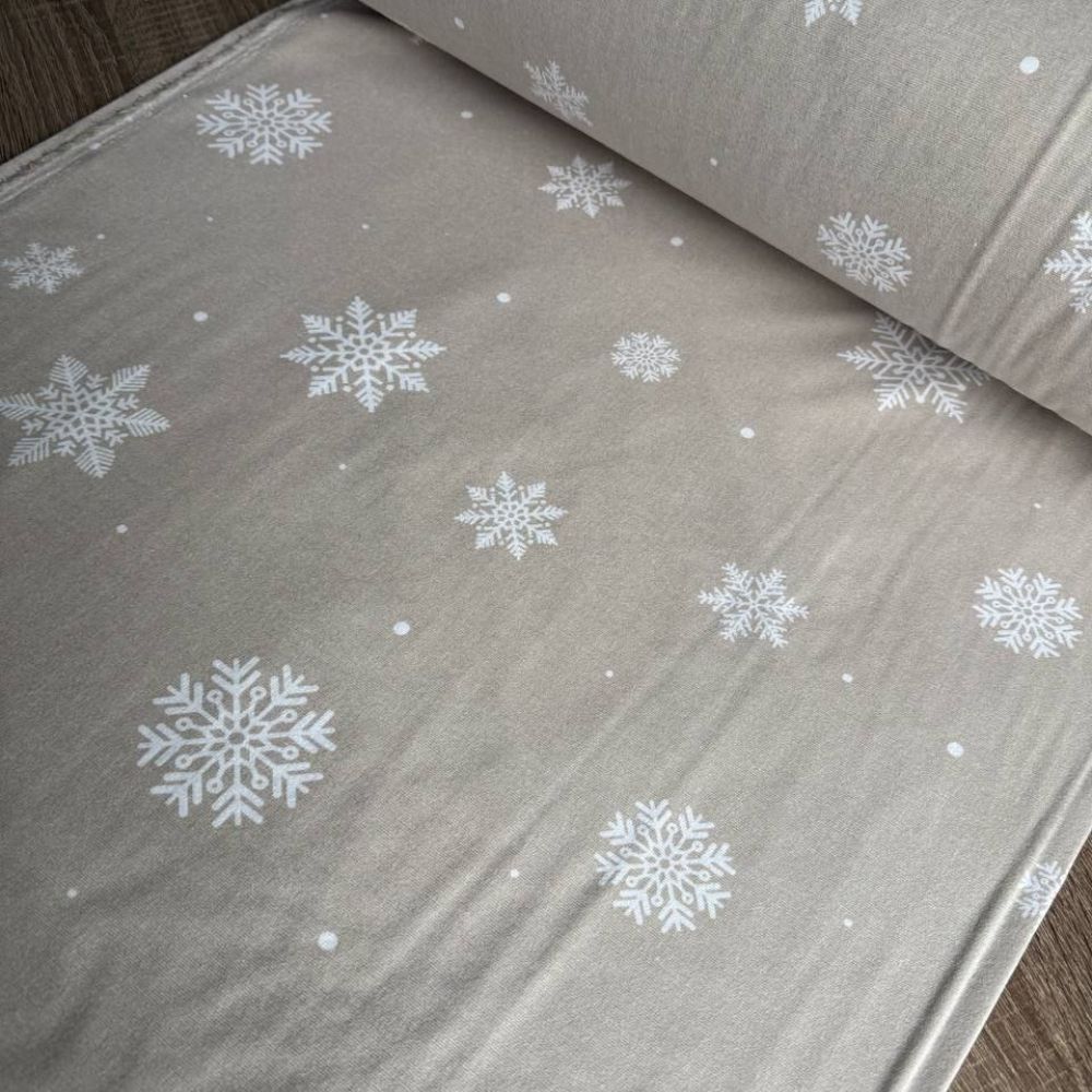 Тканина фланель-Сніжинка на бежевому