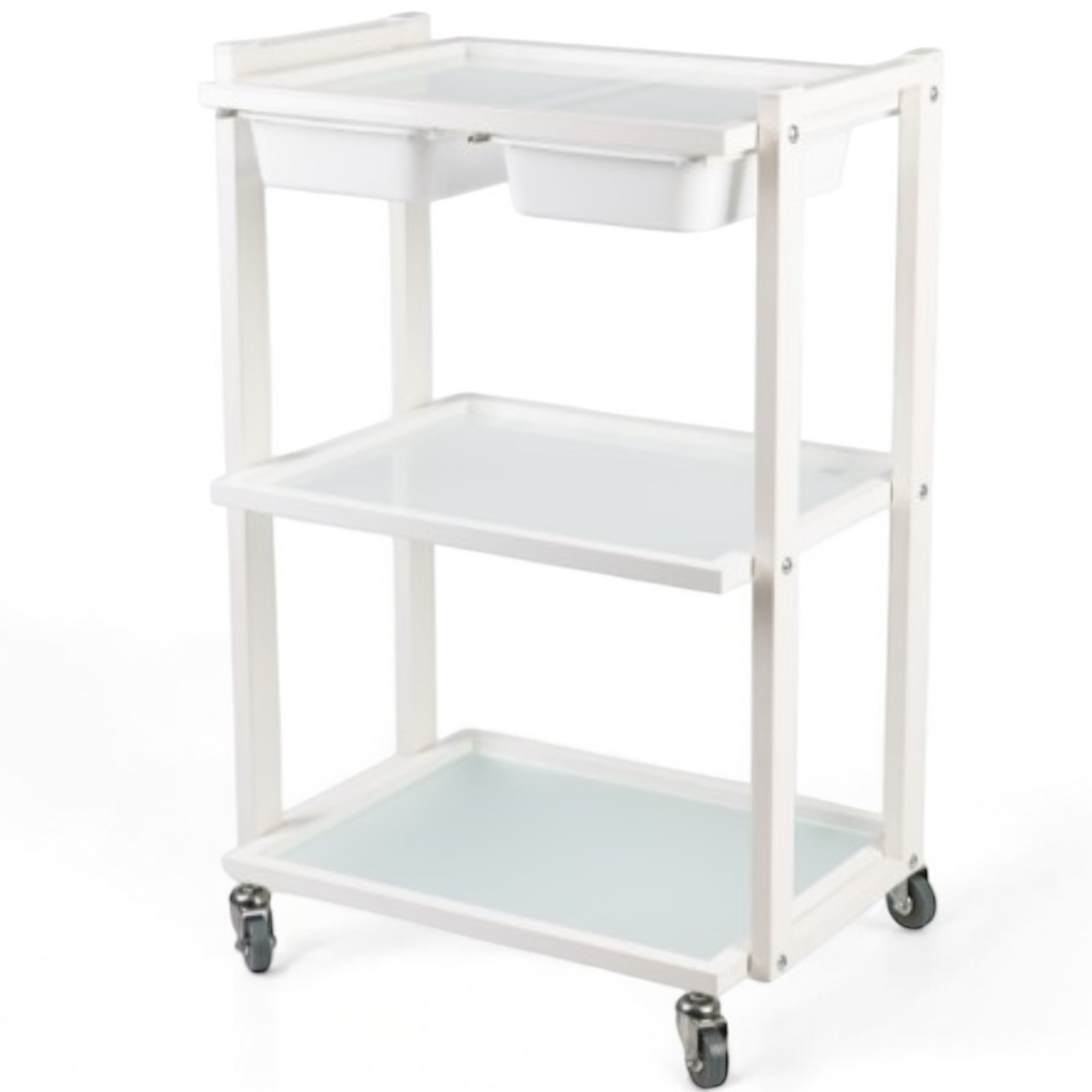 Візок косметологічний маніпуляційний з трьома полицями та висувним ящиком на дві секції, білий