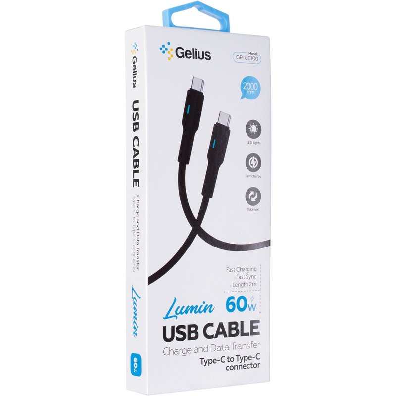 Кабель USB Gelius Lumin Lamp GP-UC100 Type-C to Type-C (2m) (60W) Black