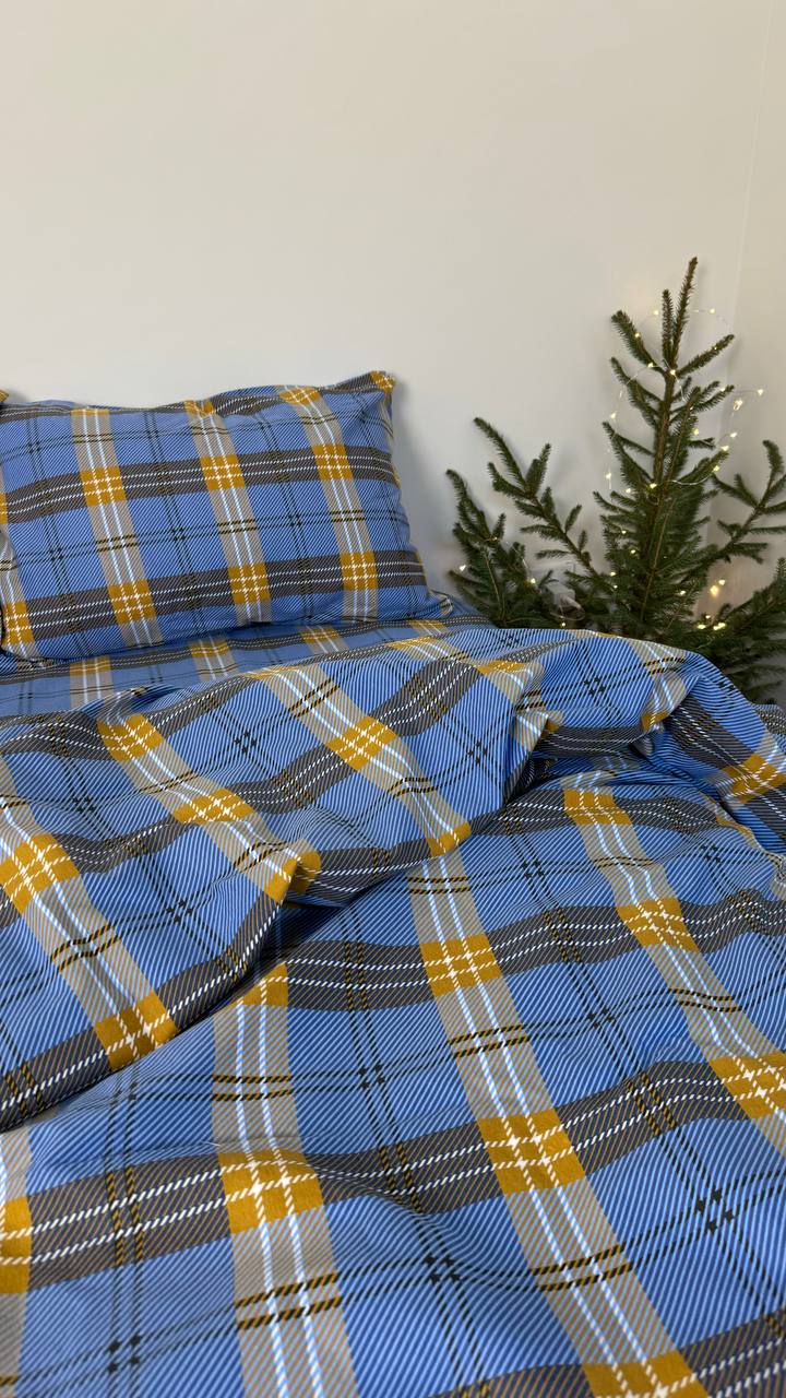 Тепла постільна білизна Фланель (байка) клітка синя