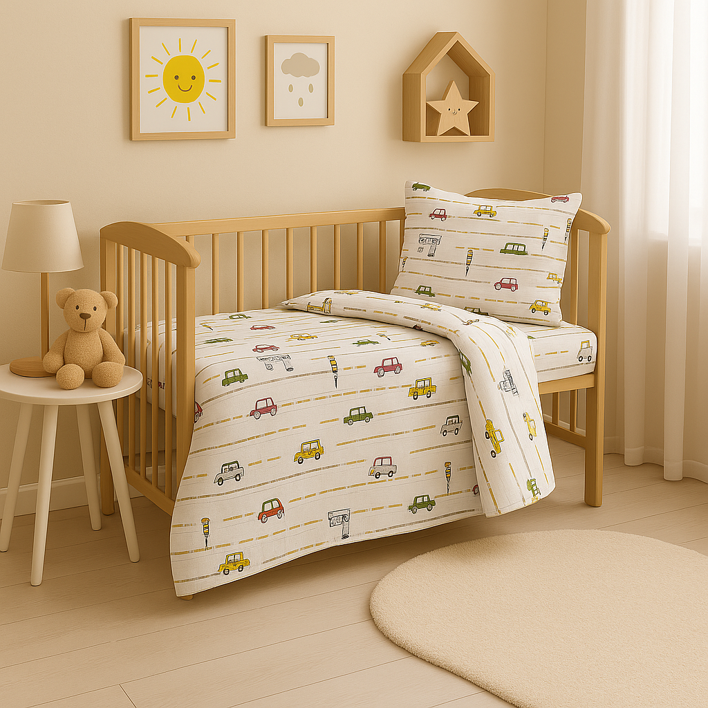 Дитяча постільна білизна з фланелі з малюнком "Машинки на дорозі"