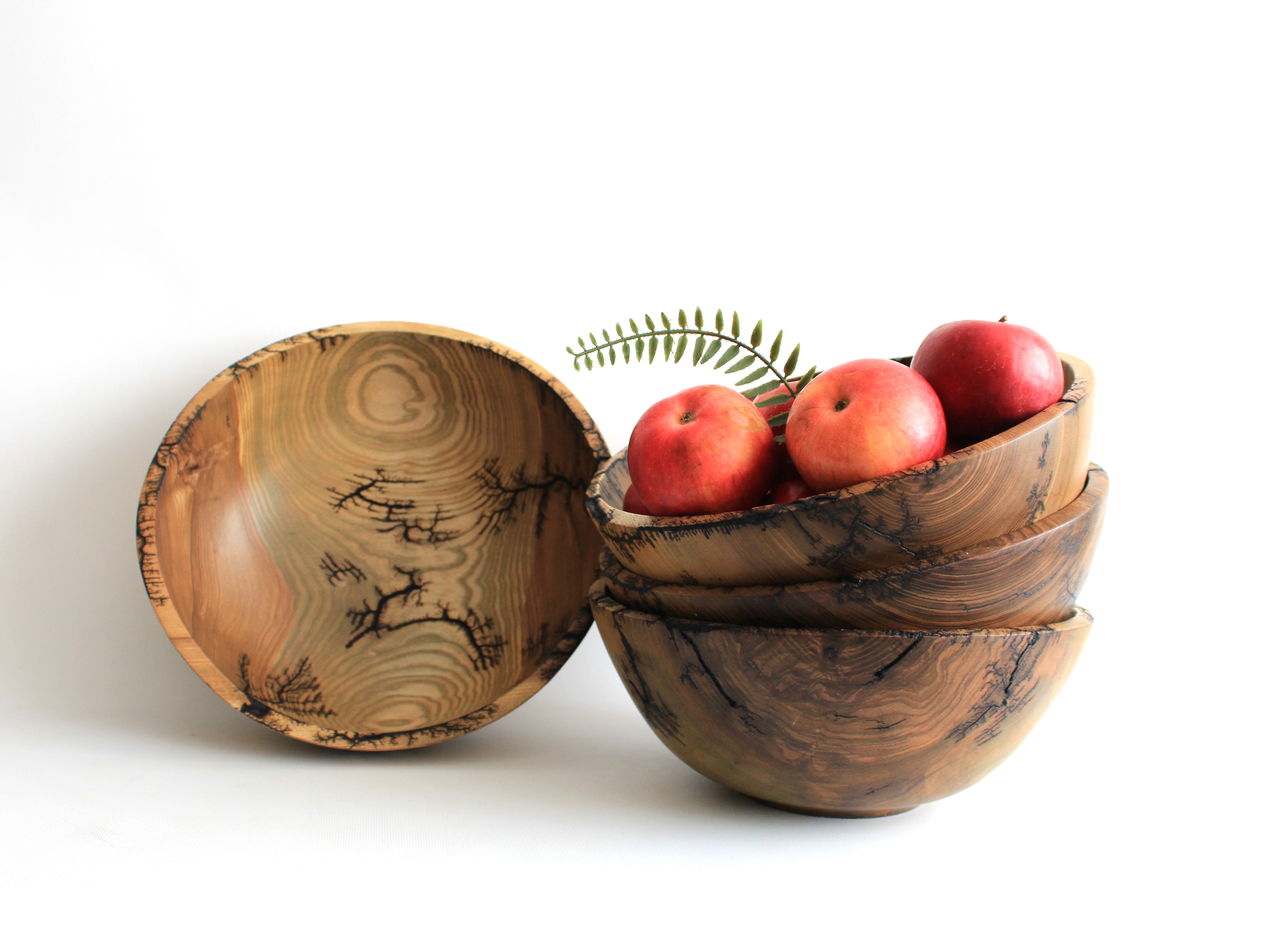Wooden bowls for salad, fractal wood burning handmade