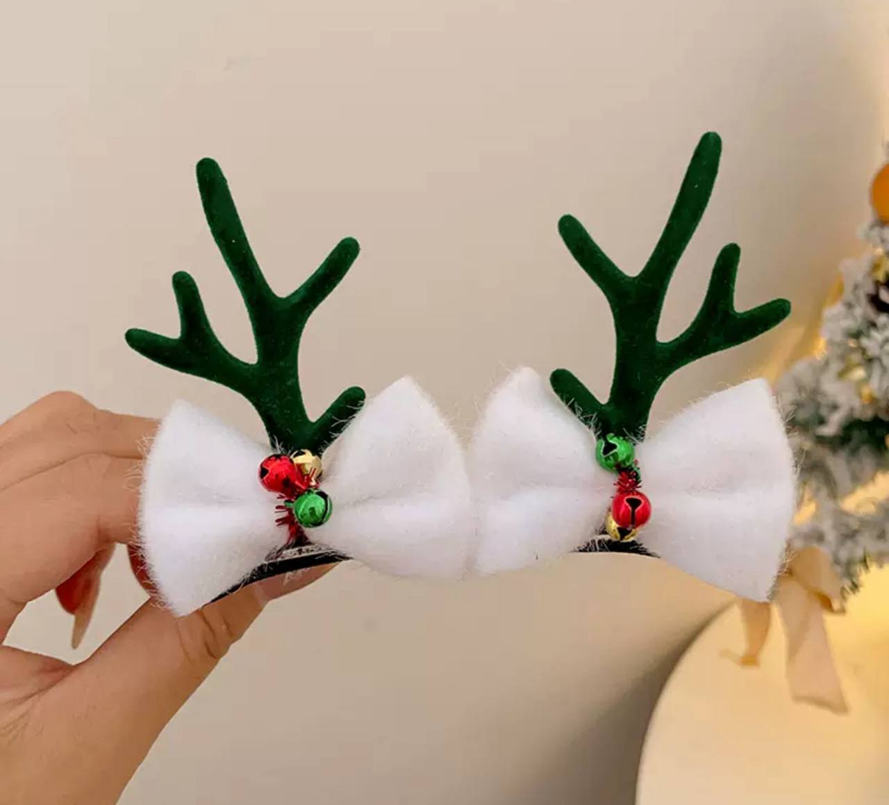 Заколка різдвяна новорічна, святкова заколка для волосся ріжки Оленя зелені