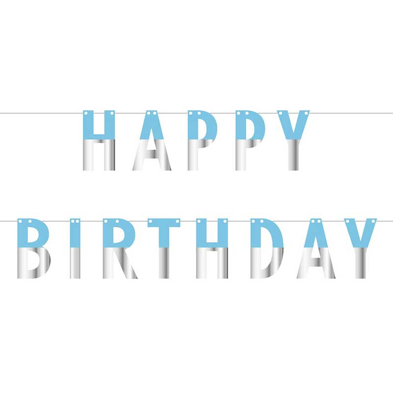Банер-букви Happy birthday блакитні зі сріблом